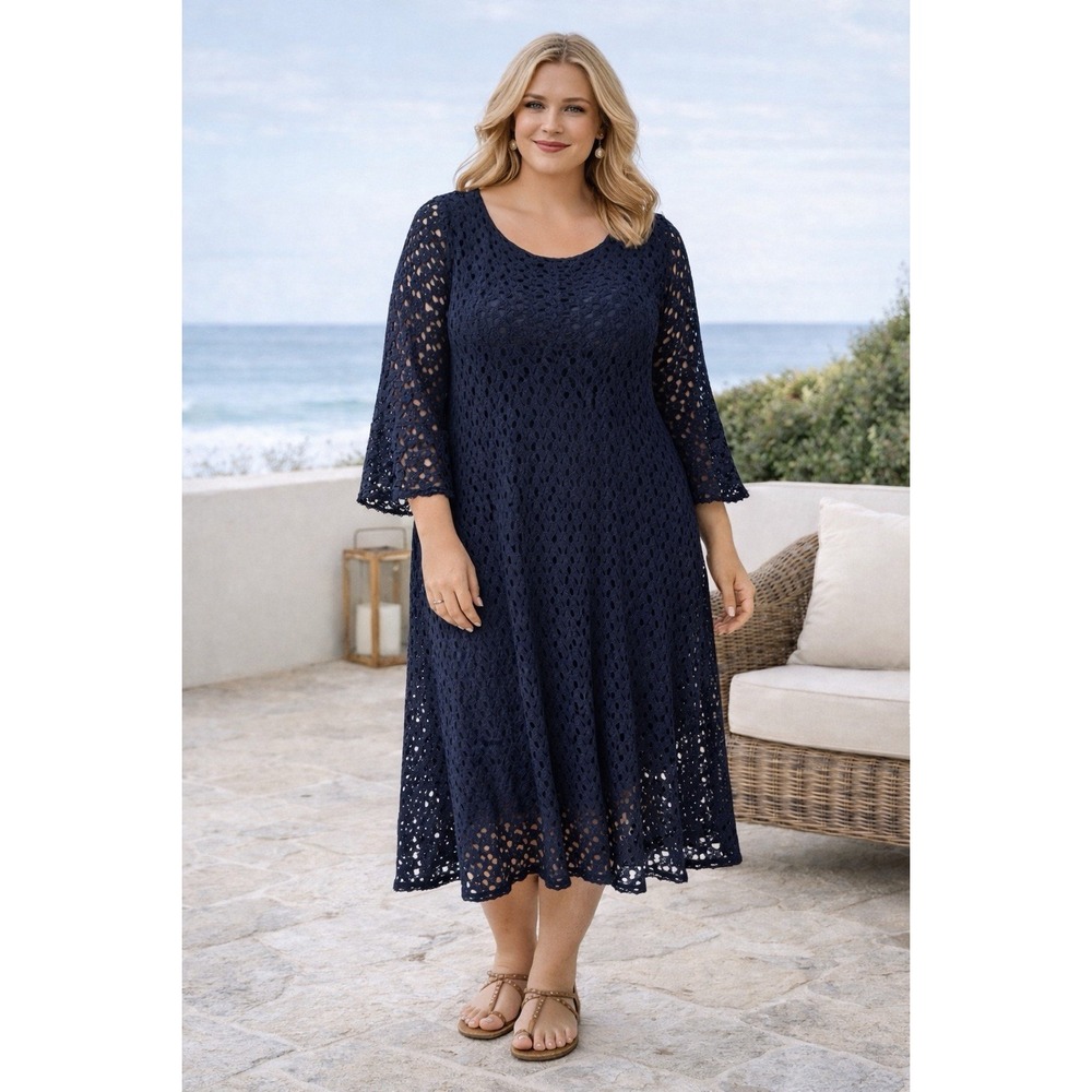 Chris McLaughlin Crochet Lace Dress‎ Women's 20W Navy Boho Midi Flowy Plus Size
